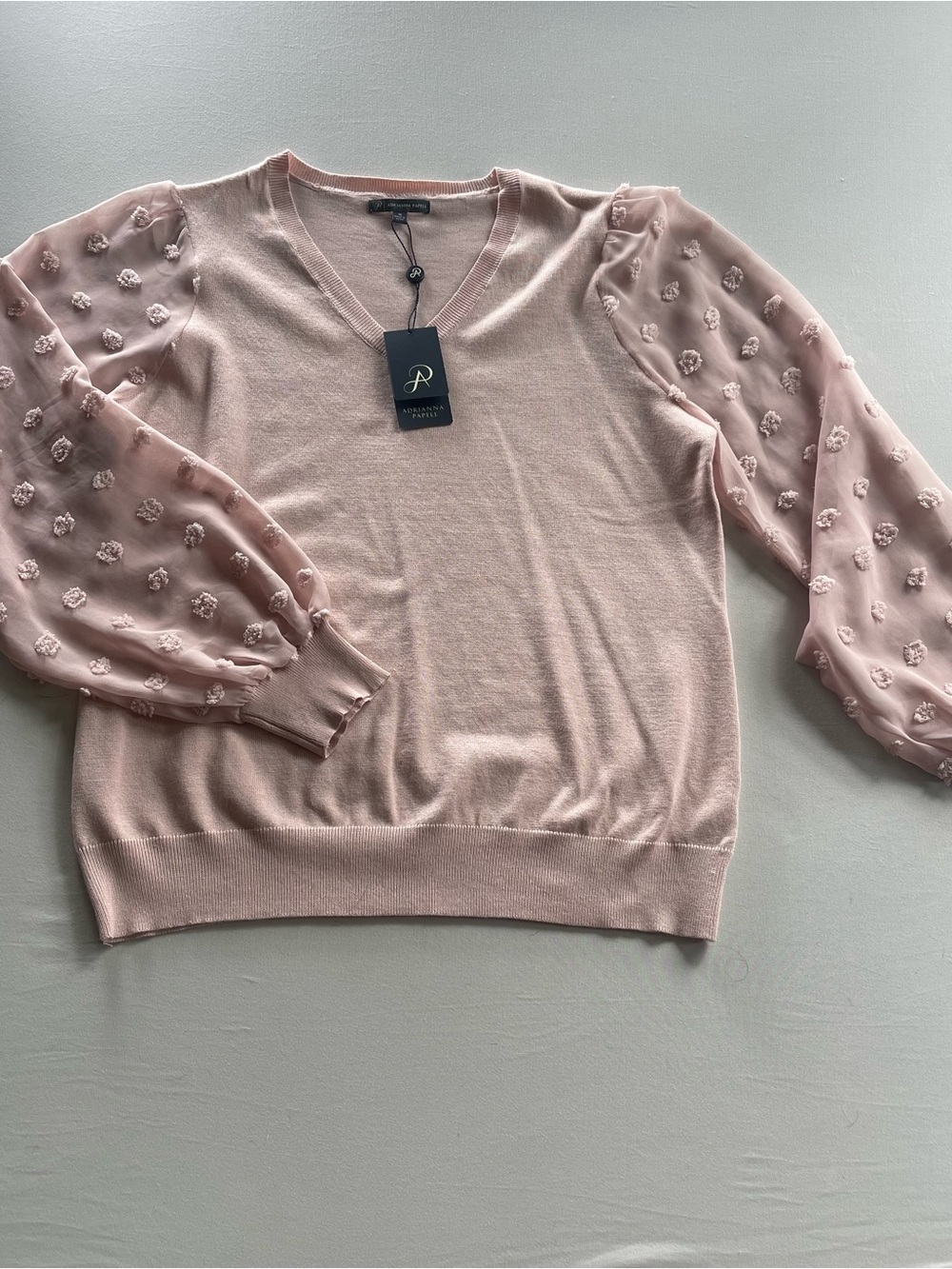 Adrianna Papell Blush Rose V-Neck Sweater with Sheer Pom-Pom Sleeves